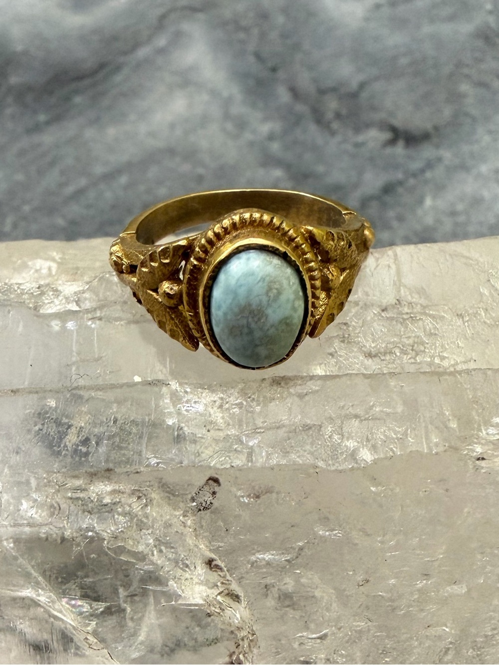 Genuine Larimar Gemstone Cabochon Gold Statement Pinky Ring